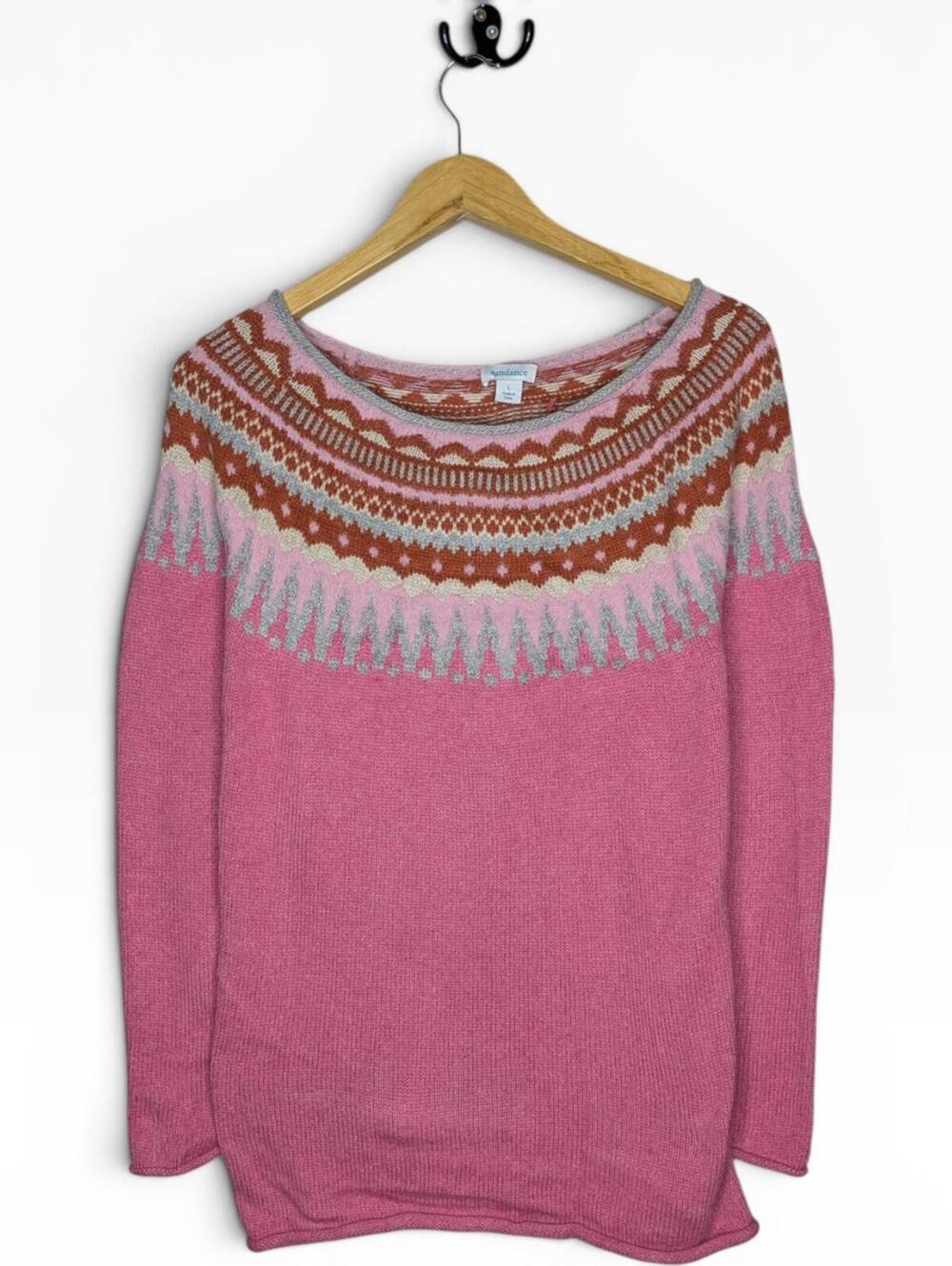 Sundance Roll Neck Womens Small Pink Fair Isle Sweater Soft Cotton Wool Blend